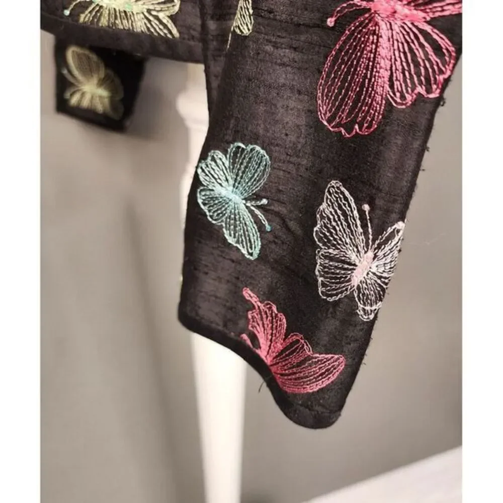 Peck and‎ Peck Vintage Black 100% Silk Open Jacket SZ 6 Embroidered Butterflies